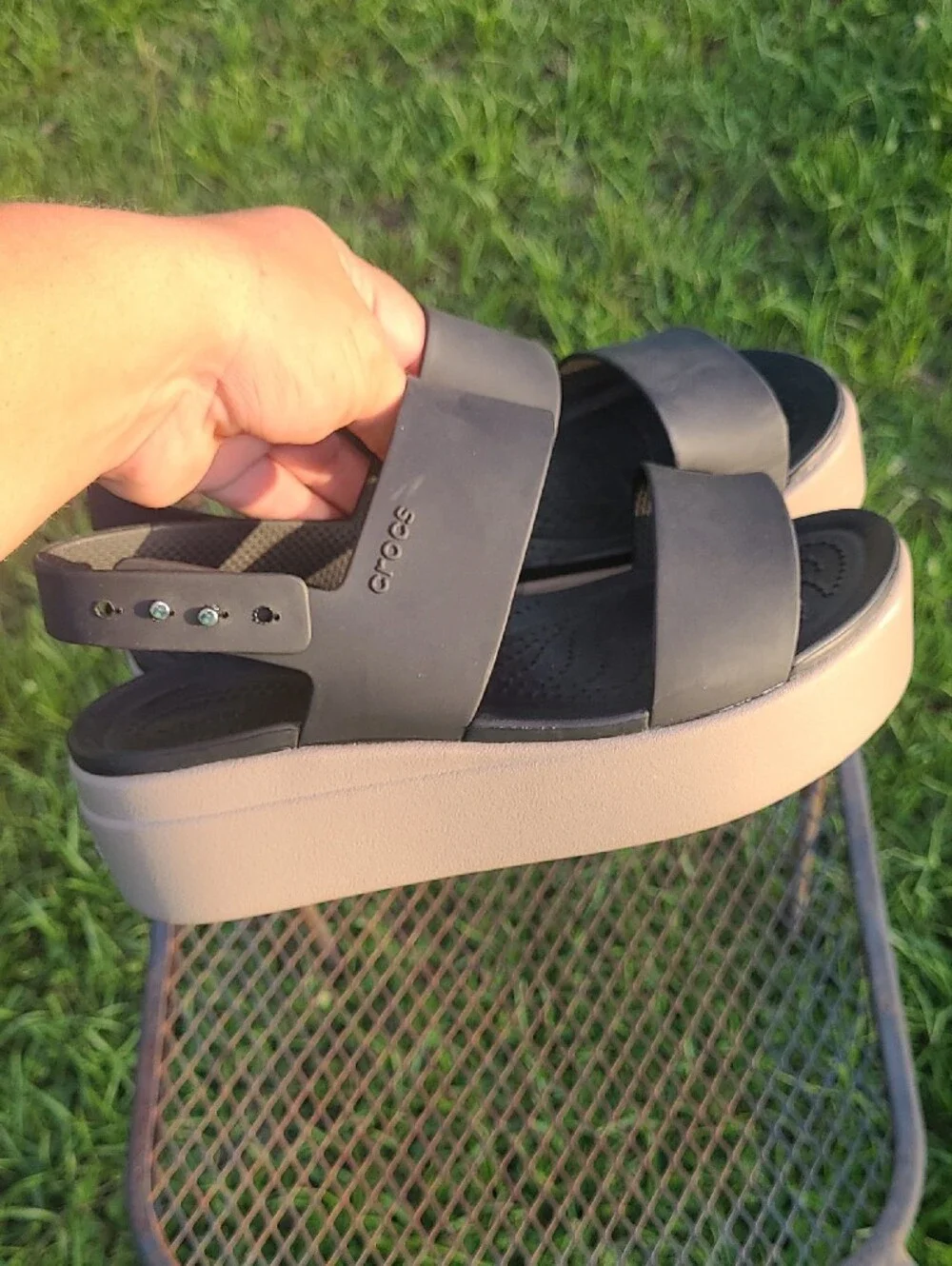 CROCS size 5 Black Strap Platform Sandals with Cream Platform comfy casual work